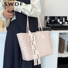 Plaid Tote Shoulder Bag for Women Large Capacity Work Ladies Handbag Beige