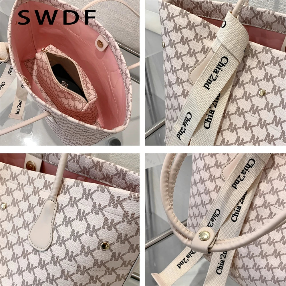Plaid Tote Shoulder Bag for Women Large Capacity Work Ladies Handbag Beige
