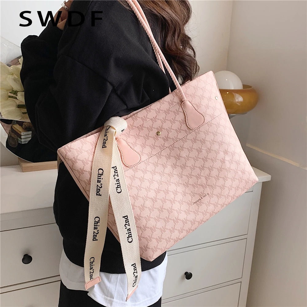 Plaid Tote Shoulder Bag for Women Large Capacity Work Ladies Handbag Beige