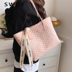 Plaid Tote Shoulder Bag for Women Large Capacity Work Ladies Handbag Beige