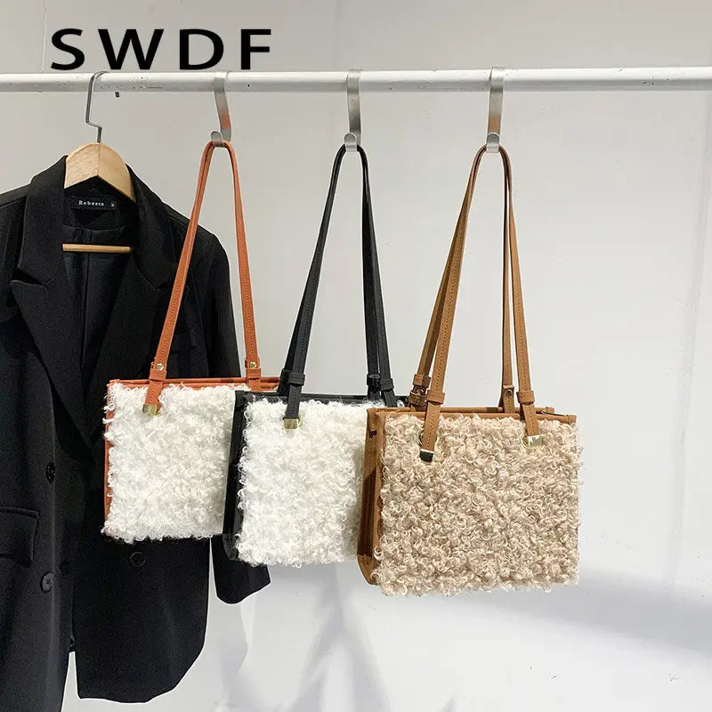 Vintage Faux Suede Lambswool Tote Bag for Women - Shoulder Handbag