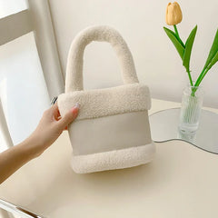 Winter Faux Fur Teddy Plush Tote Bag Small Handbag Shoulder Women Bucket Bags