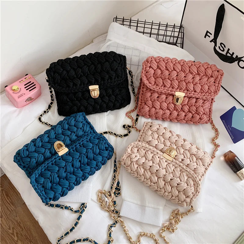 Hand Woven Bag Strip Thread Hook Knitted Women's Casual Shoulder Bag