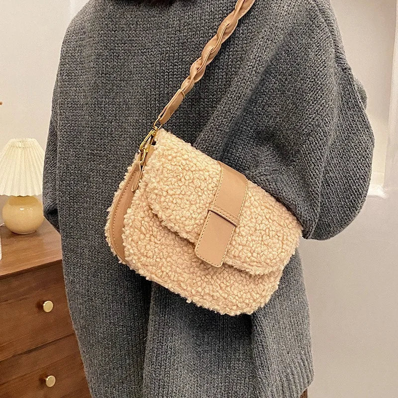 Plush Shoulder Bag Weave Shoulder Strap Messenger Bag