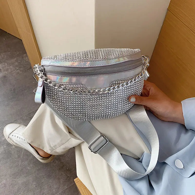 Colorful Rhinestone Saddle Bag PU Leather Shoulder Handbag for Women