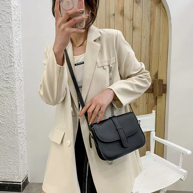 Saddle Shoulder Bags Women Solid Basic PU Leather Handbags