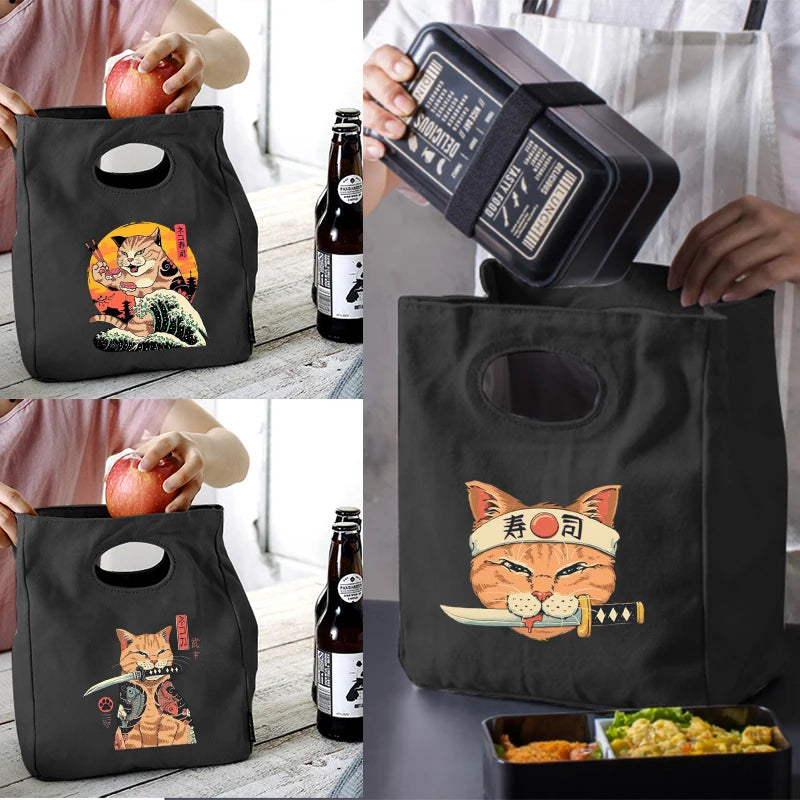 Samurai Cat Print Lunch Bag Cooler Tote Insulated Box Canvas Picnic Women