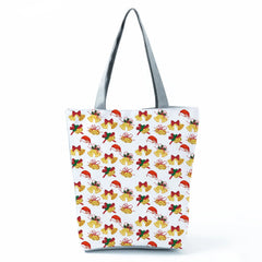 Santa Claus Tote Snowflake Bell Print Handbags Eco Reusable Shopping