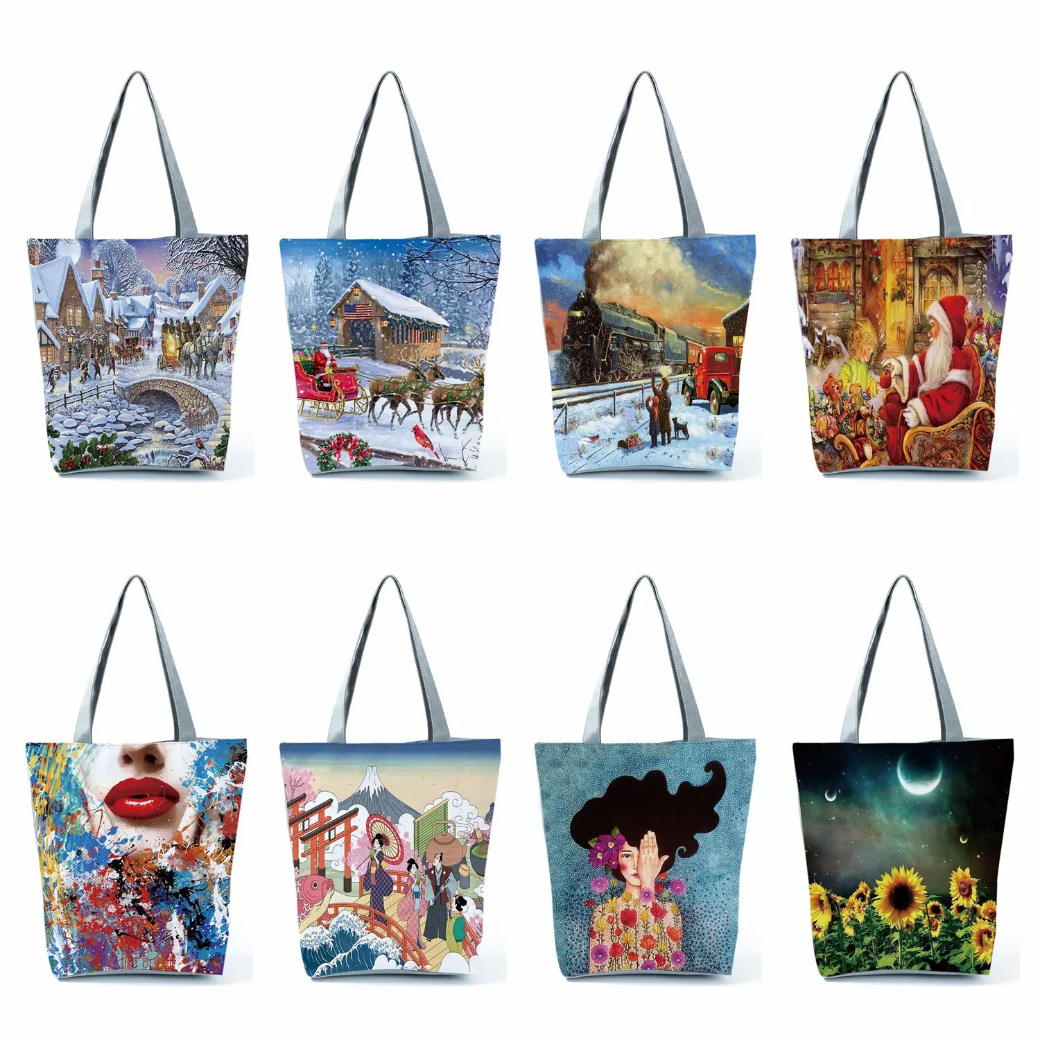 Santa Claus Women Gift Tree Print Handbags Christmas Girl Tote Eco Reusable Shop