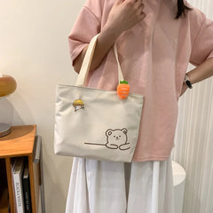 Canvas Bear Satchel Travel Purse Handbag Women Zipper Bag Preppy Style