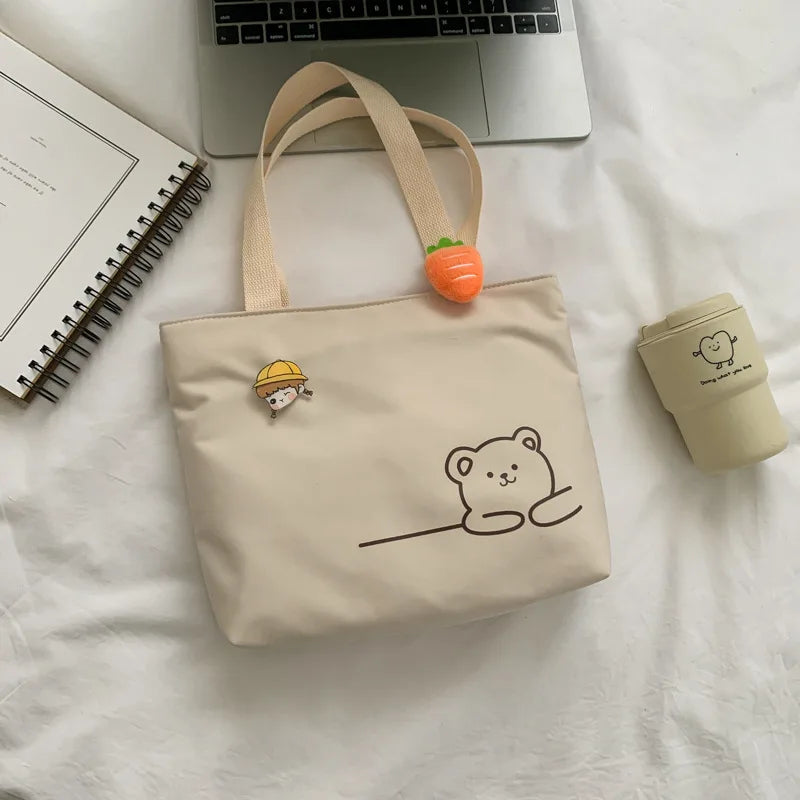 Canvas Bear Satchel Travel Purse Handbag Women Zipper Bag Preppy Style