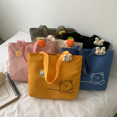 Canvas Bear Satchel Travel Purse Handbag Women Zipper Bag Preppy Style