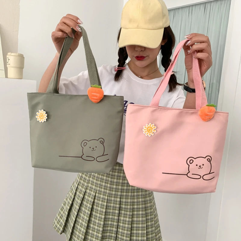 Canvas Bear Satchel Travel Purse Handbag Women Zipper Bag Preppy Style