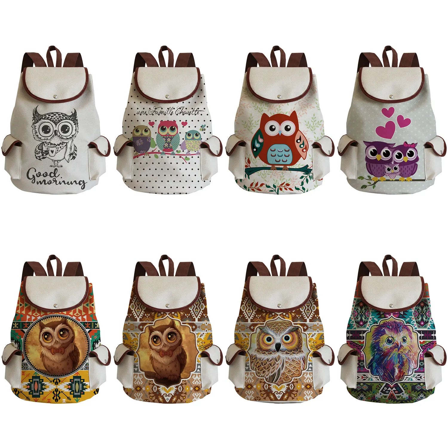 School Owl Print Backpacks for Students Eco Linen Drawstring Children Backpack