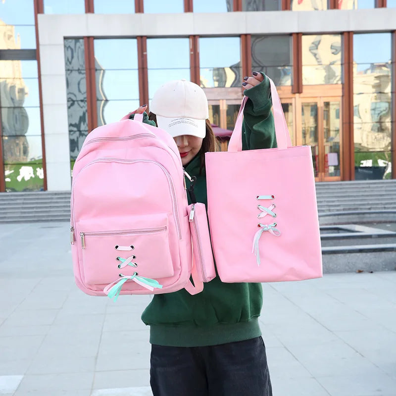 Teen Girls Canvas School Backpack Set Lace Shoulder Bag High Capacity 3 Pcs