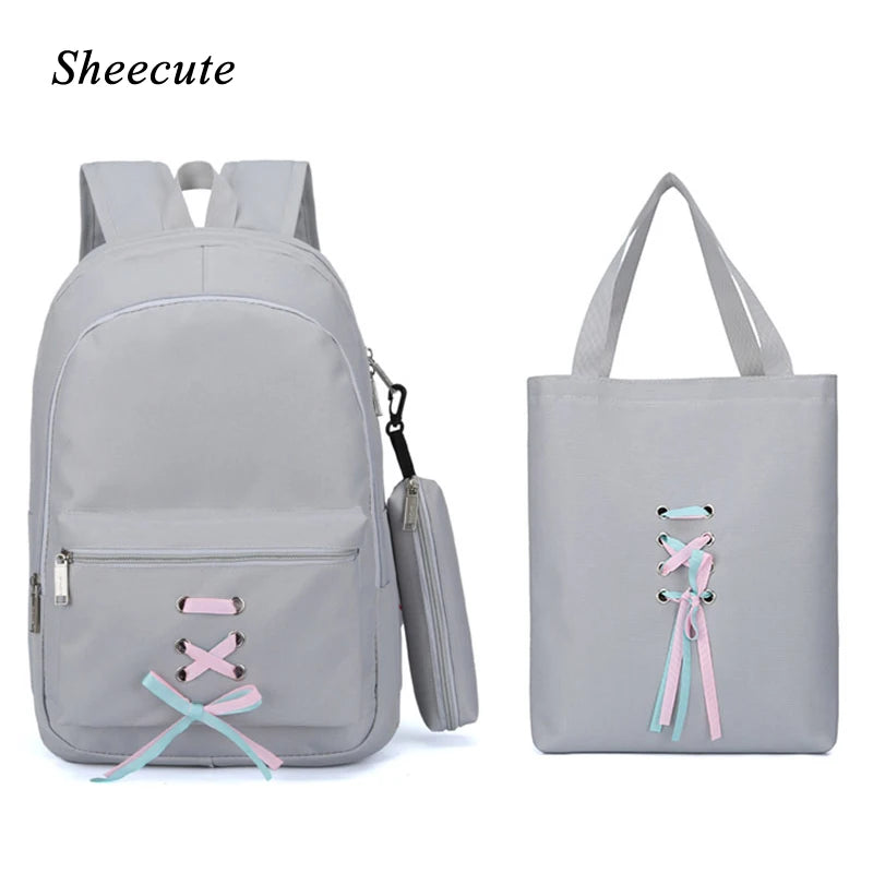Teen Girls Canvas School Backpack Set Lace Shoulder Bag High Capacity 3 Pcs