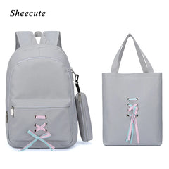 Teen Girls Canvas School Backpack Set Lace Shoulder Bag High Capacity 3 Pcs