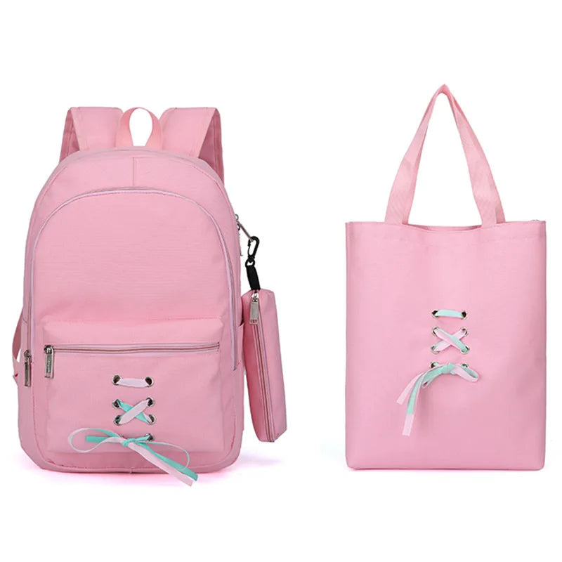Teen Girls Canvas School Backpack Set Lace Shoulder Bag High Capacity 3 Pcs