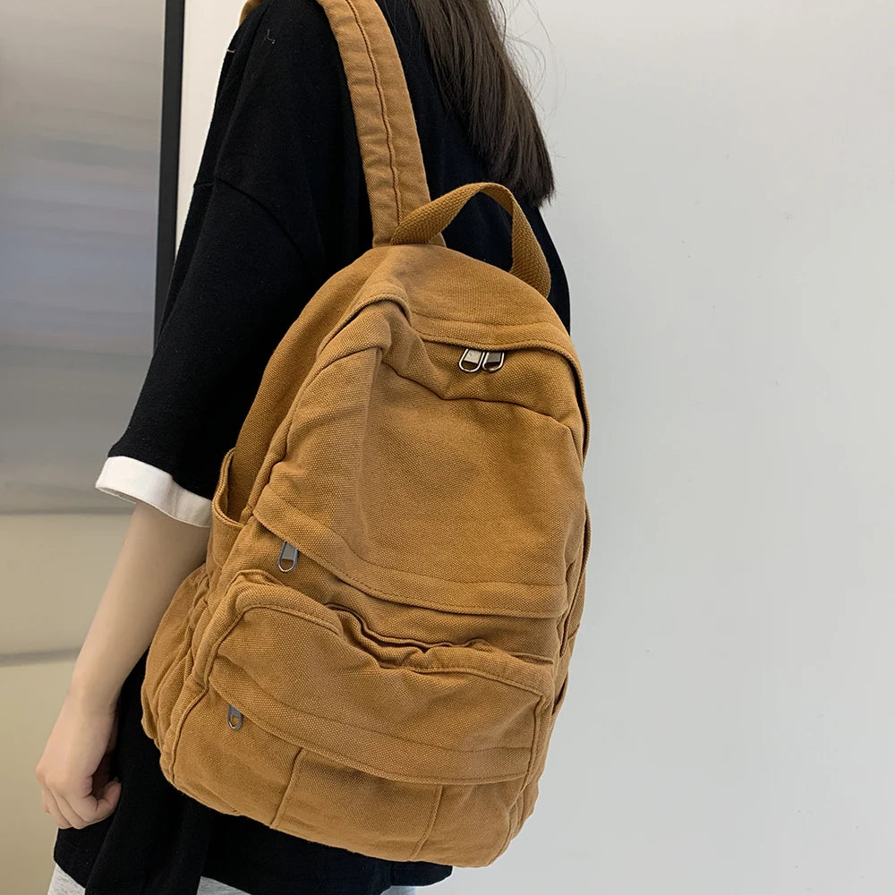 Canvas Backpack Large Capacity Khaki College Teen Computer Bag