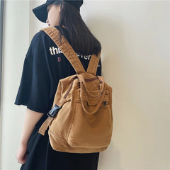 Canvas School Bag Large Capacity Khaki Backpack