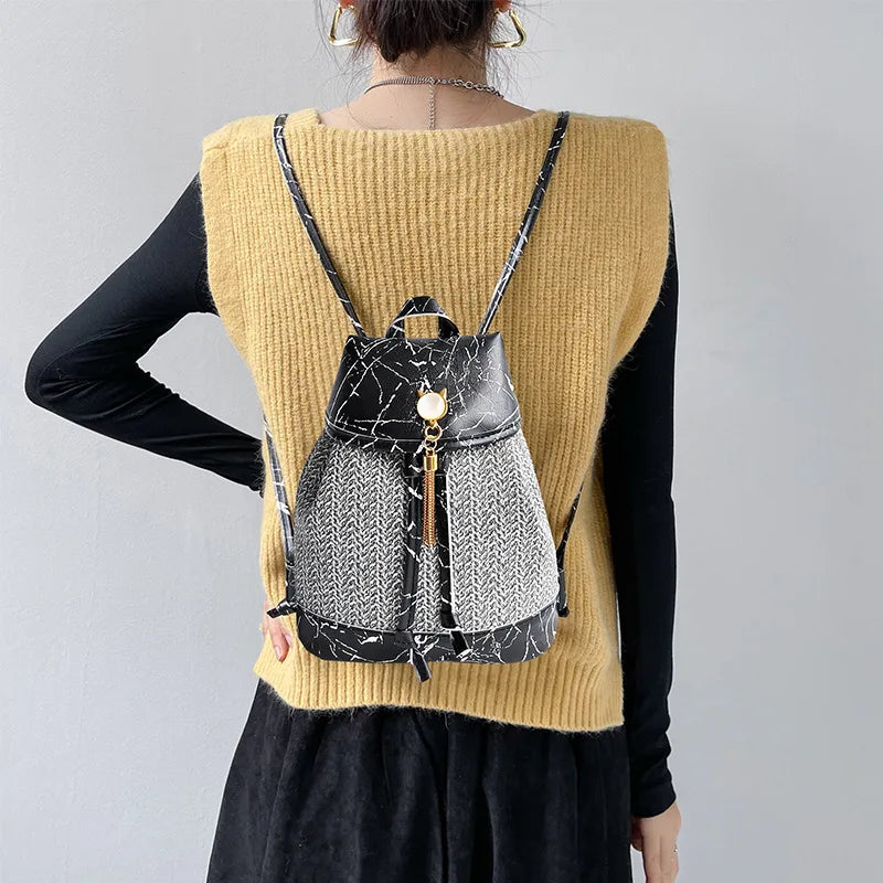 Women's Woven Drawstring Backpack Large Capacity Travel Bag