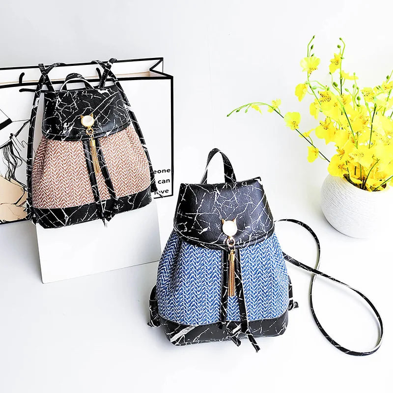 Women's Woven Drawstring Backpack Large Capacity Travel Bag