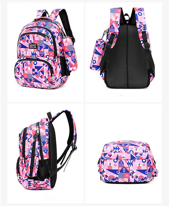 Teen Girls Boys School Backpack Set Large Capacity Geometry Printing Rucksack