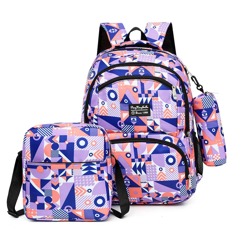 Teen Girls Boys School Backpack Set Large Capacity Geometry Printing Rucksack