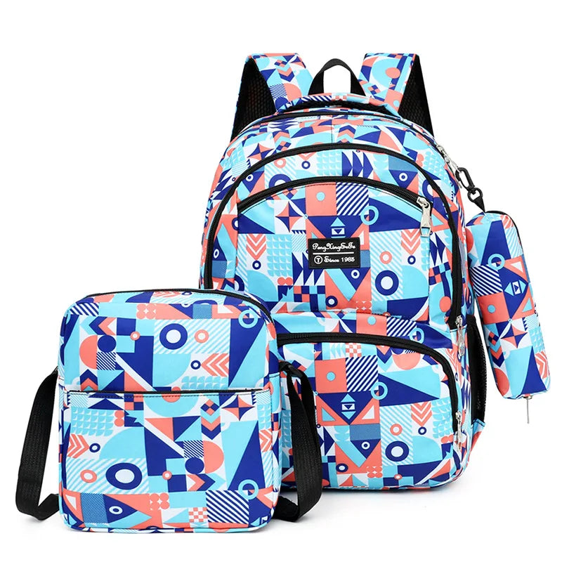 Teen Girls Boys School Backpack Set Large Capacity Geometry Printing Rucksack