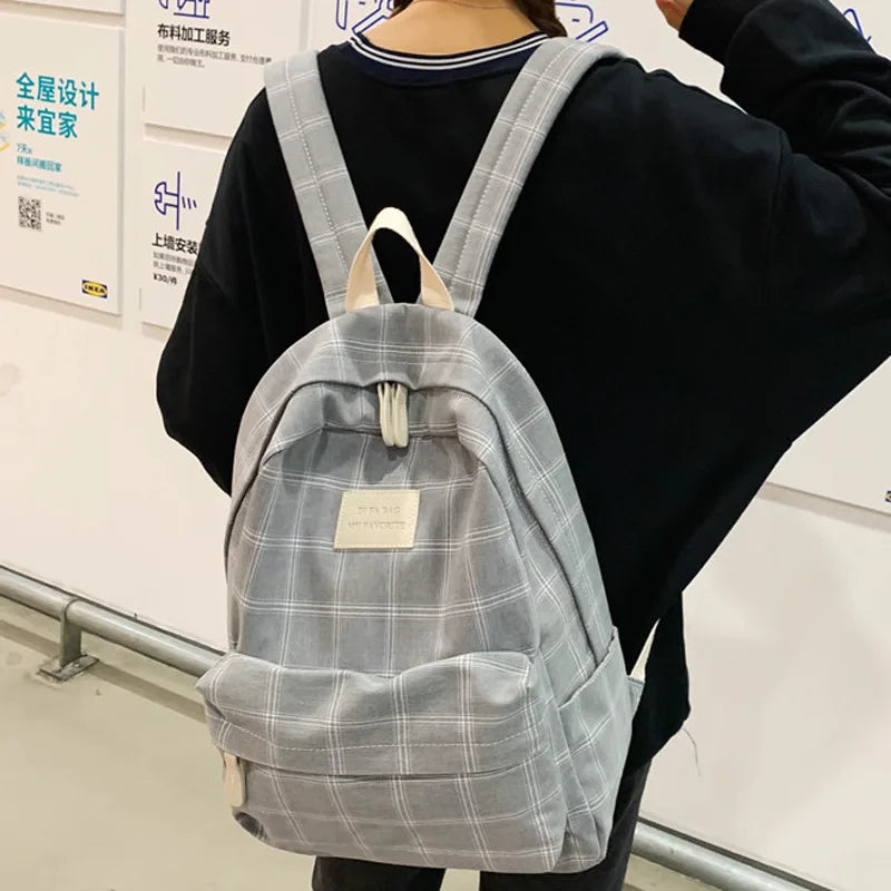 School Grid Pattern Canvas Girls Large Capacity Backpack