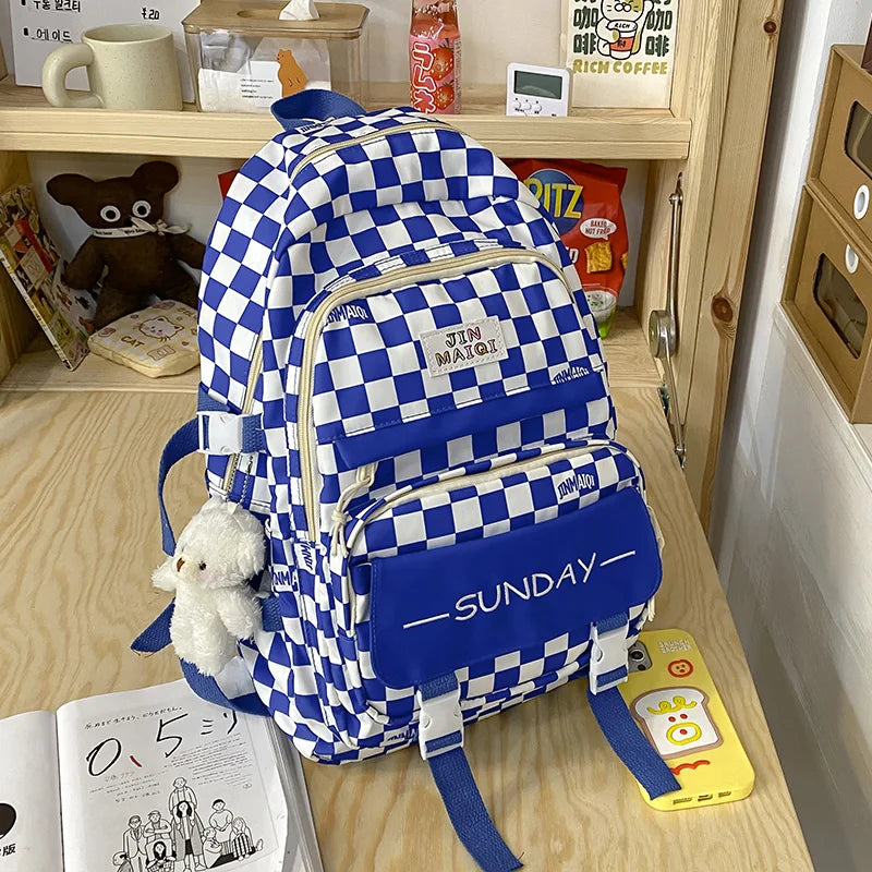 Girls Schoolbag High Appearance Level Large Capacity Grid Laptop Book Backpack