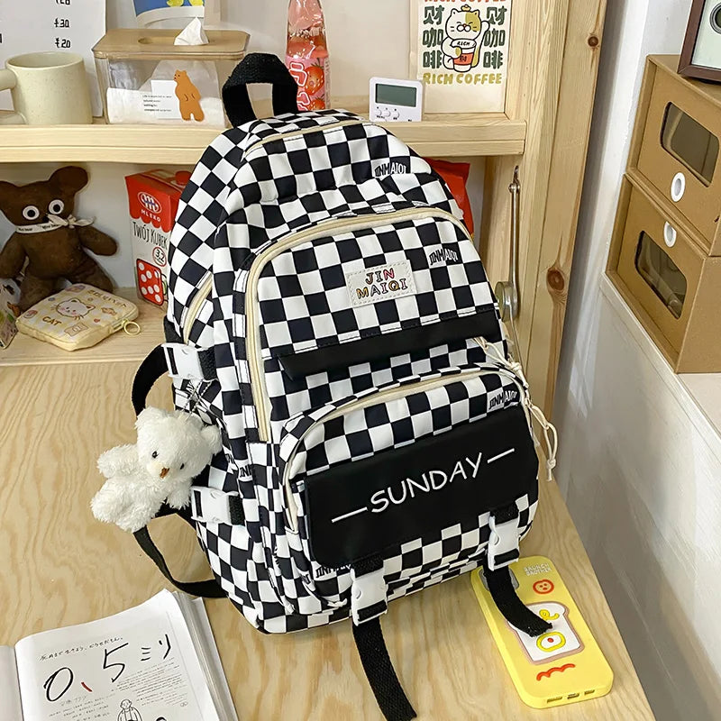 Girls Schoolbag High Appearance Level Large Capacity Grid Laptop Book Backpack