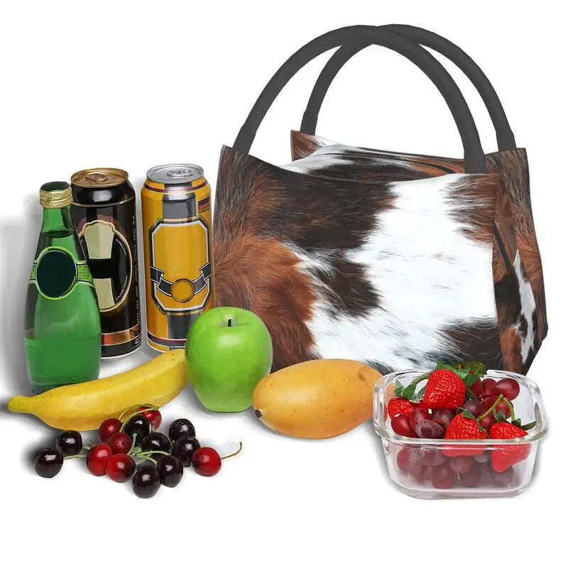 Highland Cow Cowhide Thermal Lunch Bag Insulated Animal Hide Leather Food Box