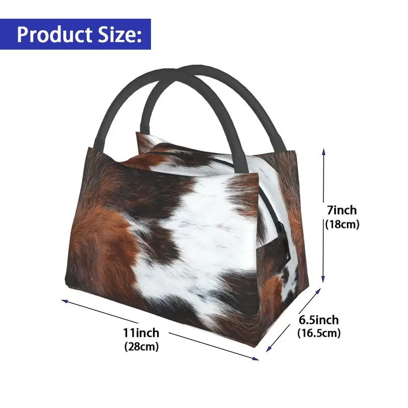 Highland Cow Cowhide Thermal Lunch Bag Insulated Animal Hide Leather Food Box