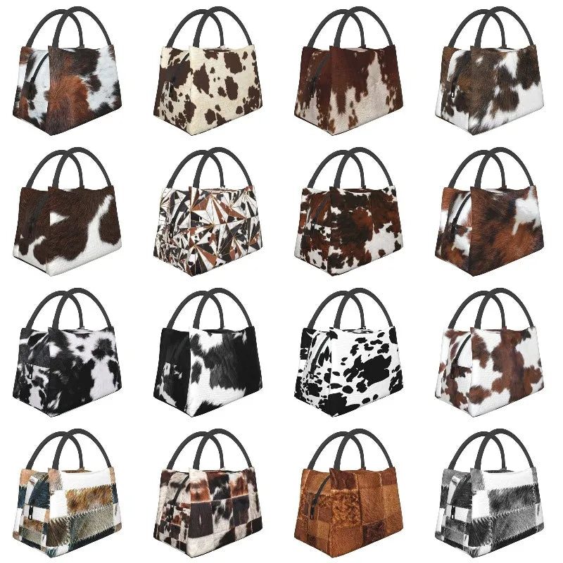 Highland Cow Cowhide Thermal Lunch Bag Insulated Animal Hide Leather Food Box