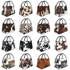 Highland Cow Cowhide Thermal Lunch Bag Insulated Animal Hide Leather Food Box
