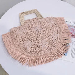 Flower Embroidery Bamboo Rattan Straw Bag Tassel Hand-woven Handbag