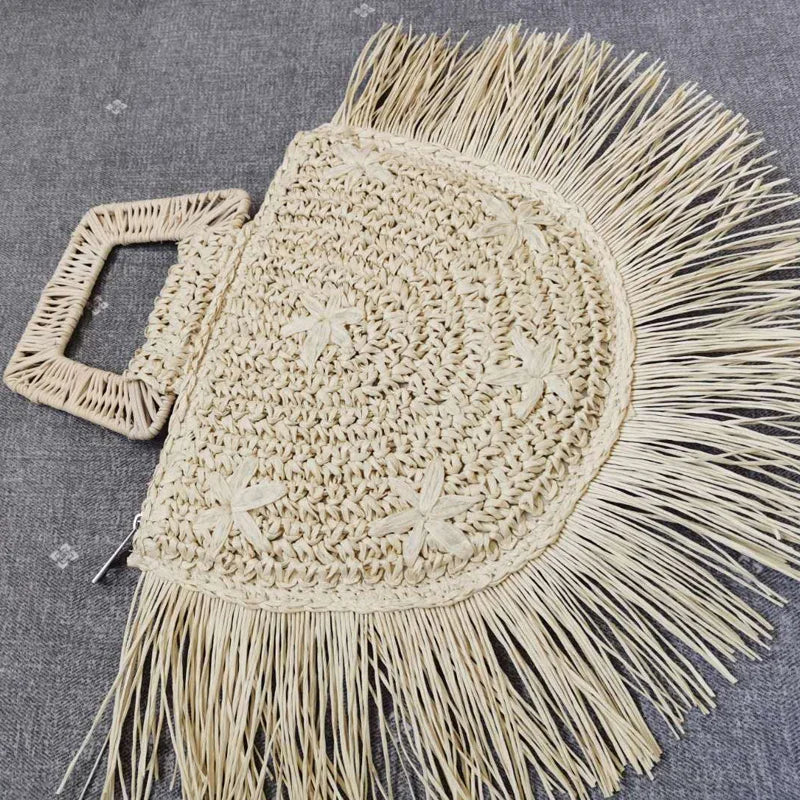 Flower Embroidery Bamboo Rattan Straw Bag Tassel Hand-woven Handbag