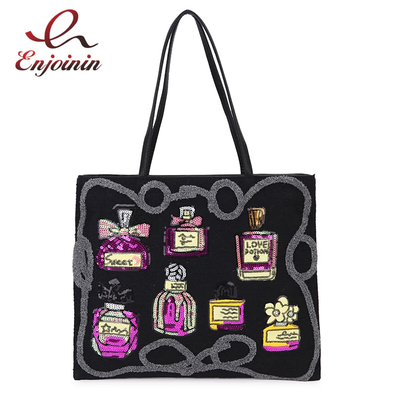 Sequin Embroidery Perfume Leather Tote Bag Shoulder Bag for Women