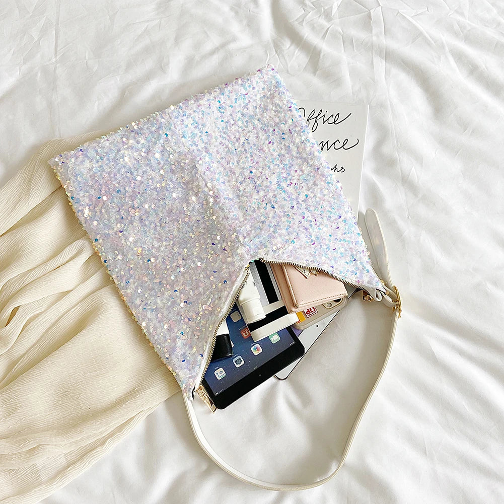Sequin Shoulder Tote Glitter Bag with Leather Straps