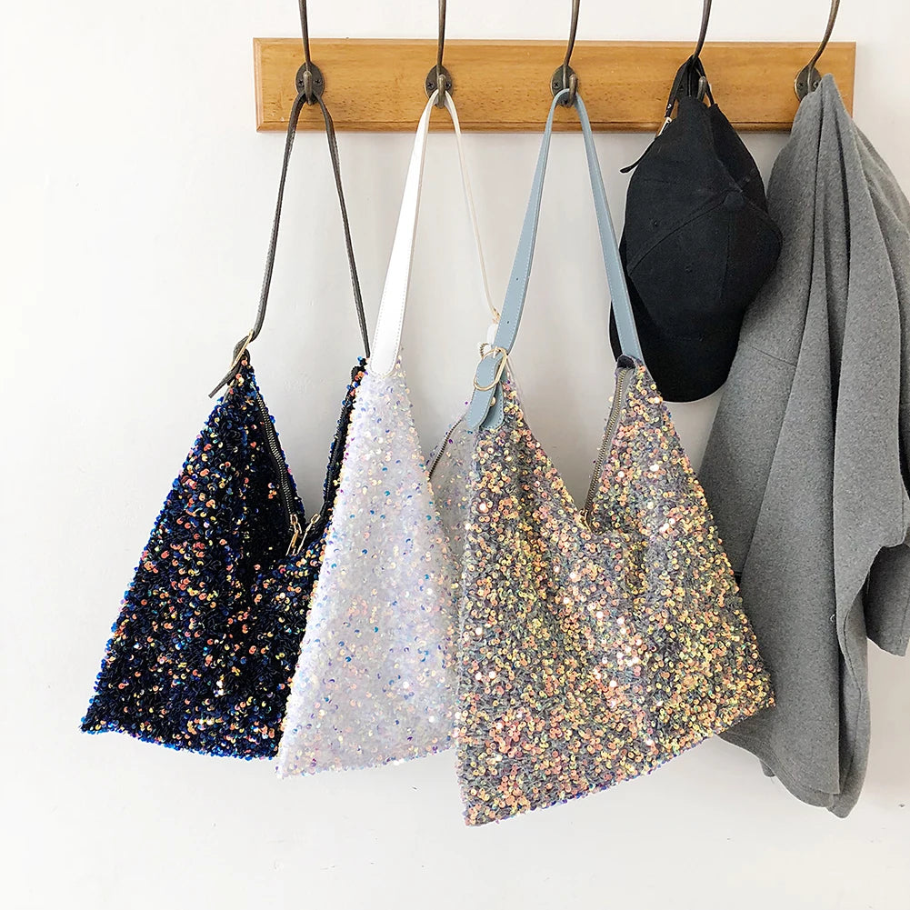 Sequin Shoulder Tote Glitter Bag with Leather Straps