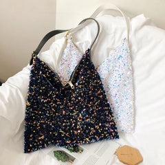 Sequin Shoulder Tote Glitter Bag with Leather Straps