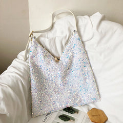 Sequin Shoulder Tote Glitter Bag with Leather Straps
