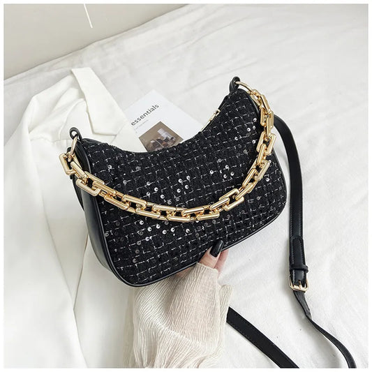 Sequined Crossbody Bag with Chain Strap for Women