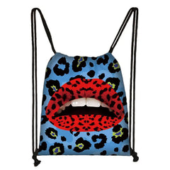 Butterfly Print Drawstring Bag with Sexy Red Lips, Foldable Backpack