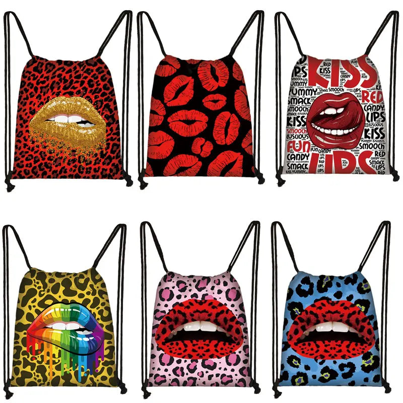 Butterfly Print Drawstring Bag with Sexy Red Lips, Foldable Backpack