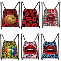 Butterfly Print Drawstring Bag with Sexy Red Lips, Foldable Backpack