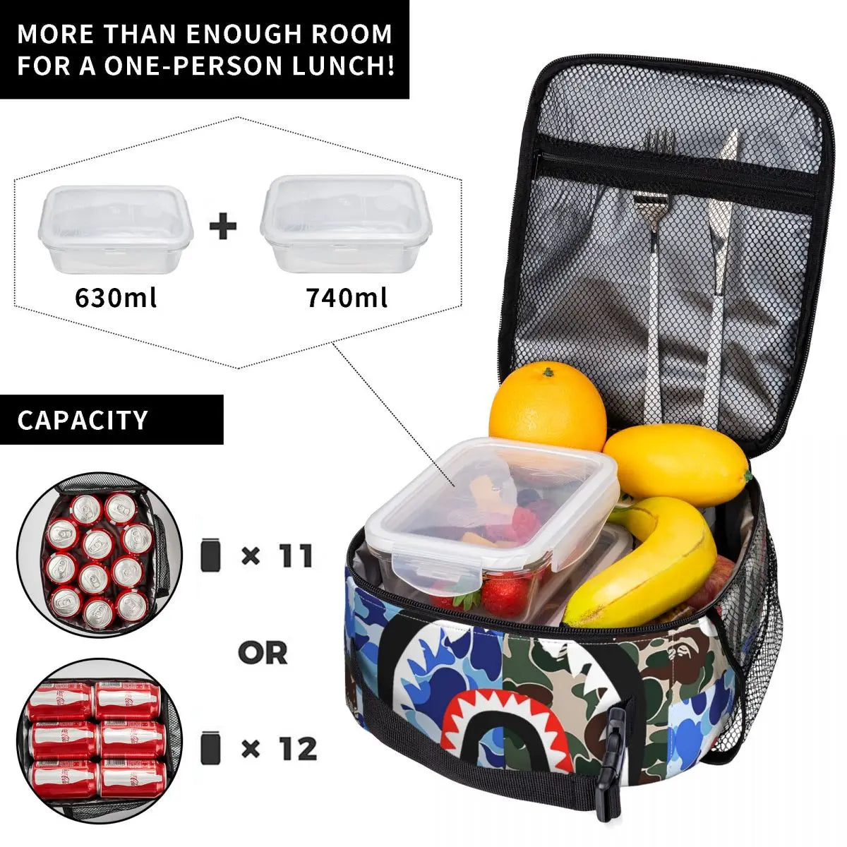 Shark Teeth Camo Insulated Lunch Bag - Camouflage Reusable Cooler