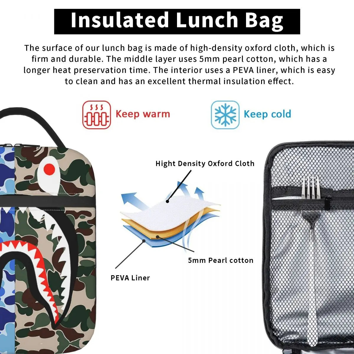 Shark Teeth Camo Insulated Lunch Bag - Camouflage Reusable Cooler