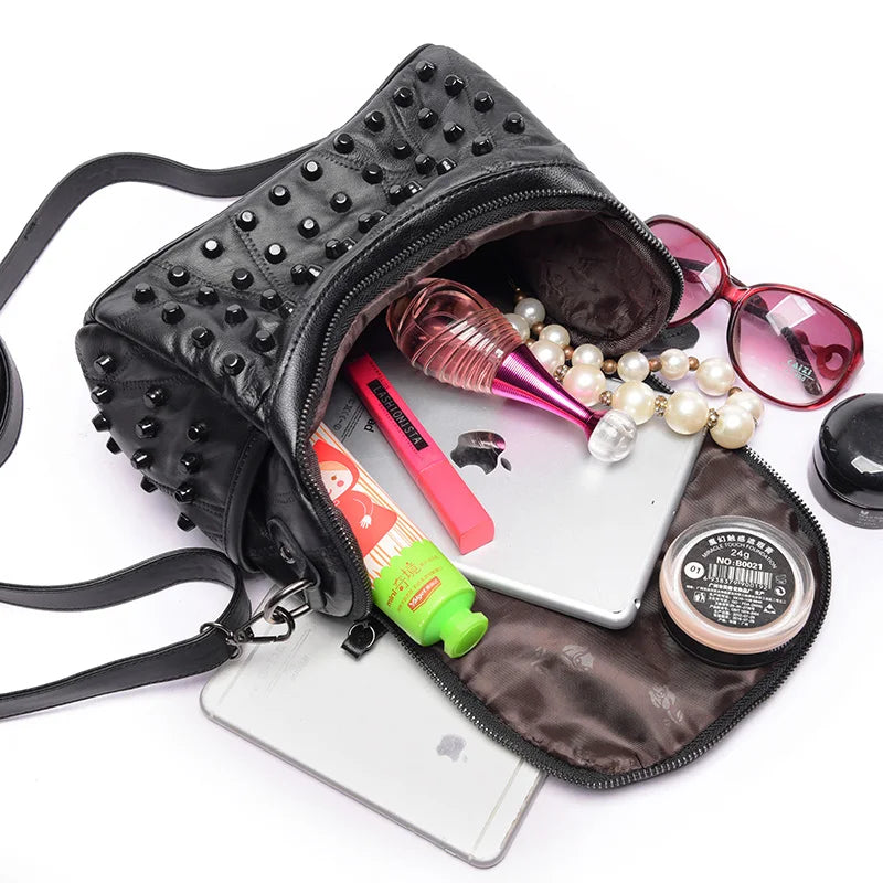 Sheepskin Leather Handbag Punk Style Rivets Messenger Crossbody Bag